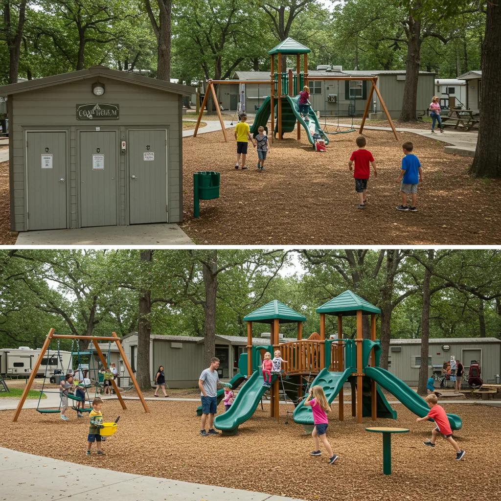 Family enjoying campground amenities including a playground and camp store, emphasizing family convenience