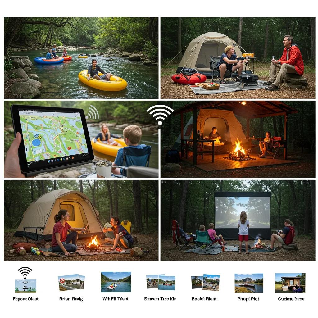 Family enjoying camping activities with Wi-Fi, illustrating connectivity and outdoor fun