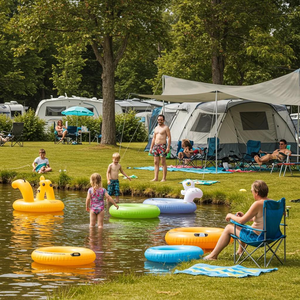 Family enjoying camping with kids at a campground with water activities