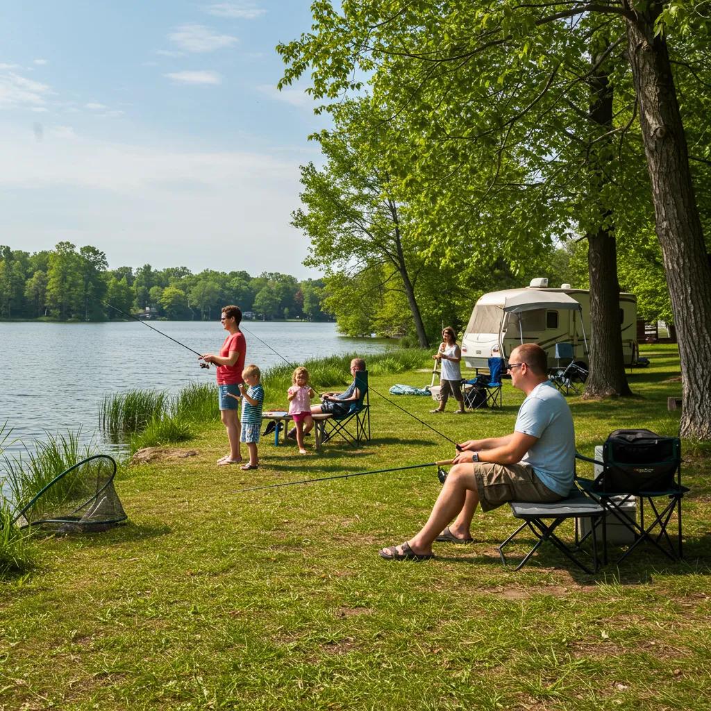 Family enjoying fishing and camping at a Michigan campground, highlighting outdoor adventure