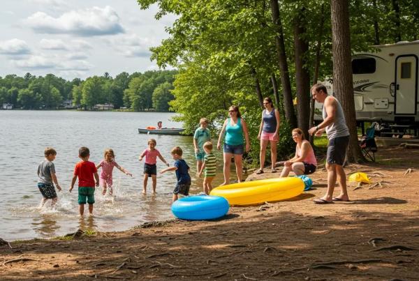 Family enjoying outdoor activities at a Michigan campground, highlighting water play and family bonding
