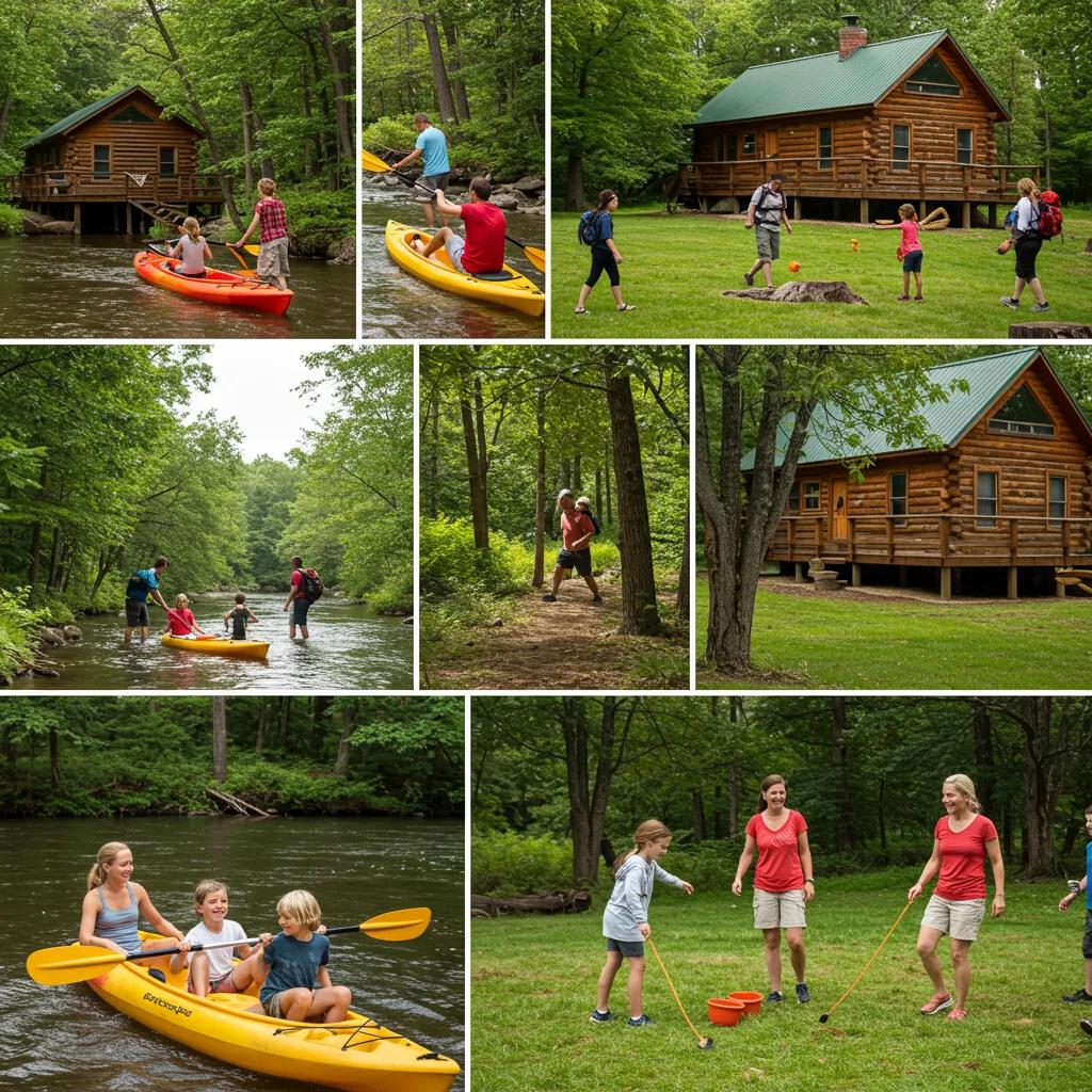 Family enjoying outdoor activities near Michigan cabin, showcasing nature and adventure