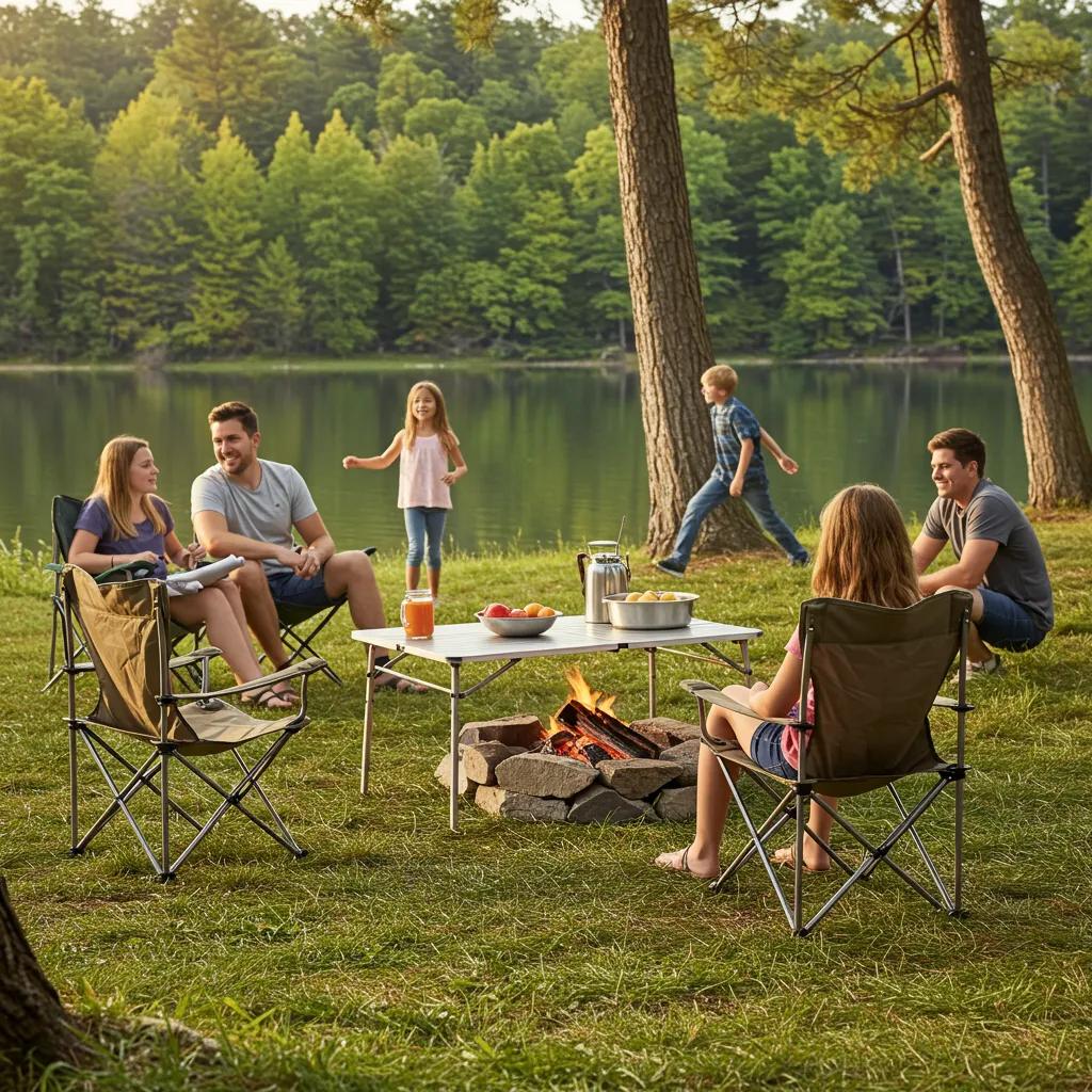 Family enjoying portable camping furniture by a lake at Walnut Hills Family Campground