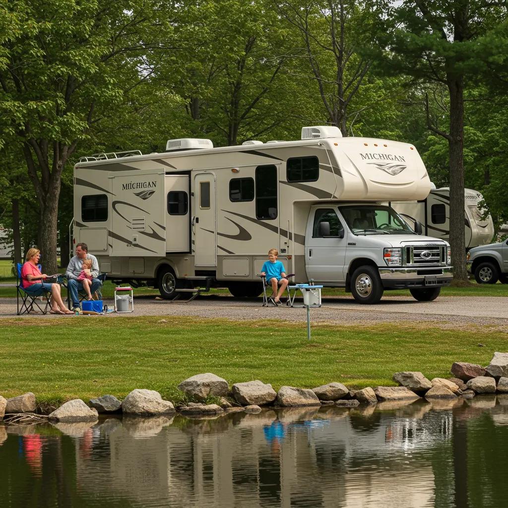 Family enjoying seasonal camping in Michigan with an RV by a lake