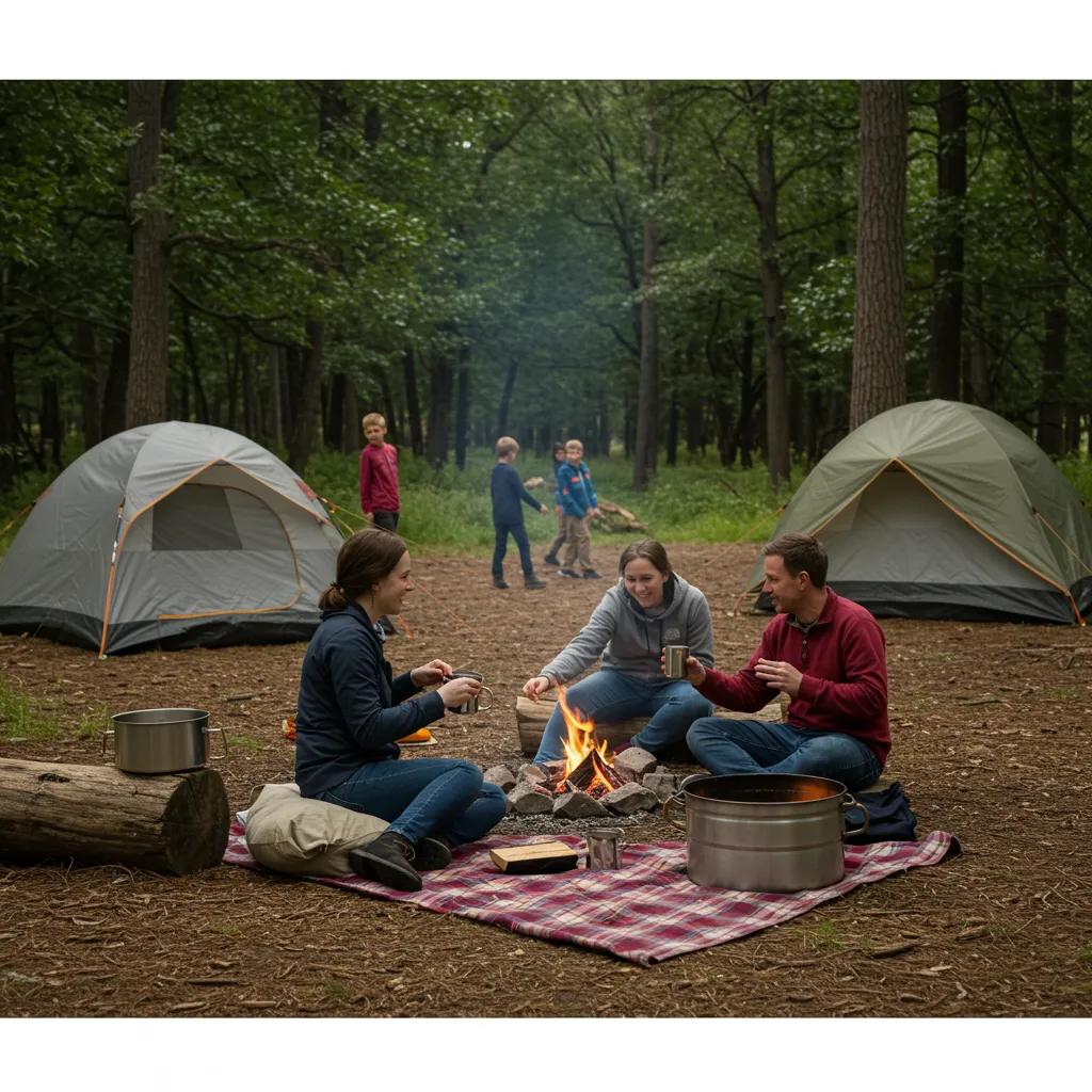 Family enjoying tent camping at Camp Dearborn with picnic setup