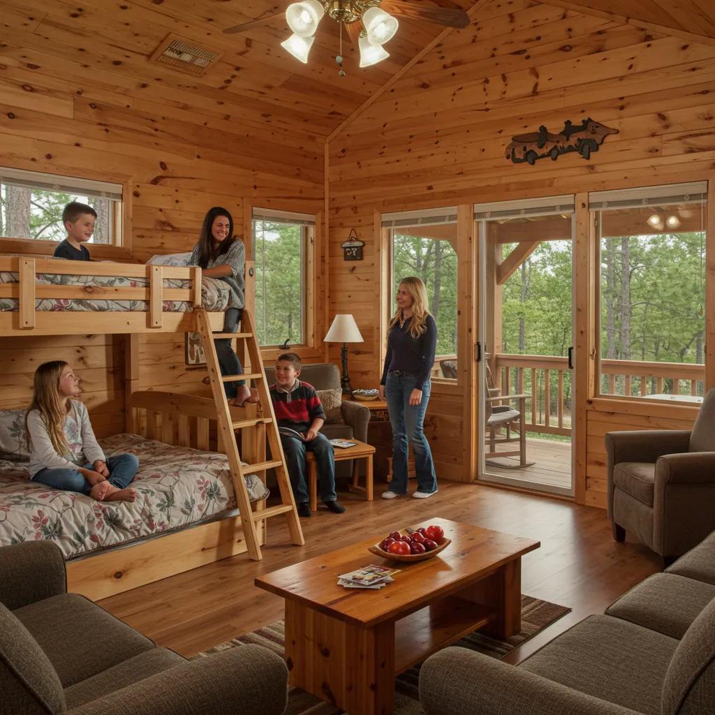 Family enjoying time in a spacious cabin with bunk beds and cozy living area, emphasizing family-friendly features