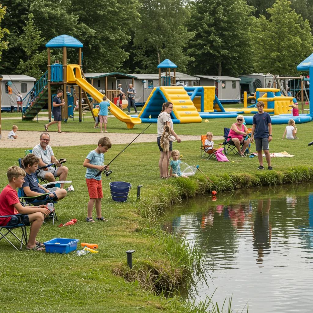 Family enjoying various activities at a campground, including games, fishing, and a water park