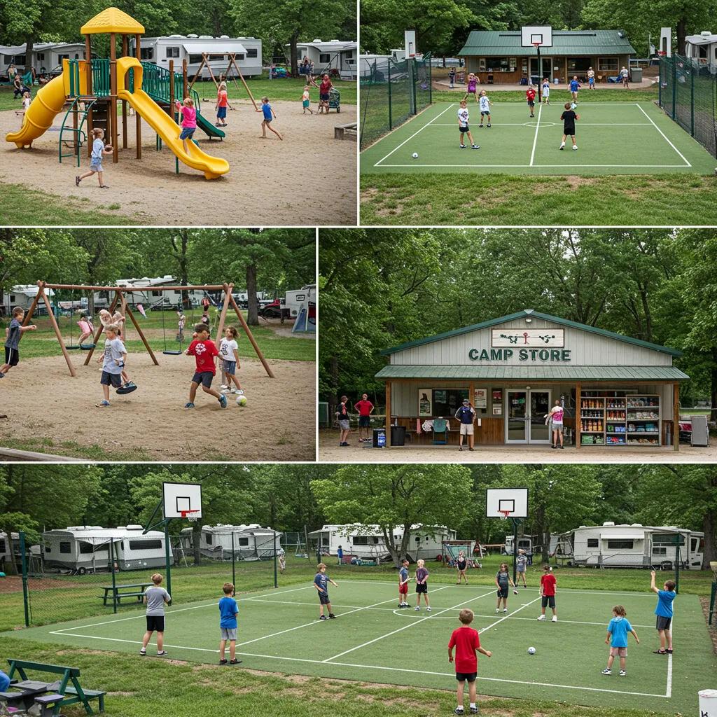 Family-friendly amenities at Ridge Ranch Campground including playgrounds and sports courts