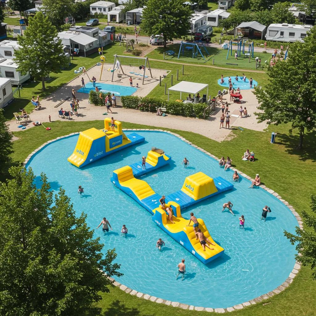 Family-friendly campground amenities featuring a Wibit water park and playgrounds, showcasing activities for children and parents