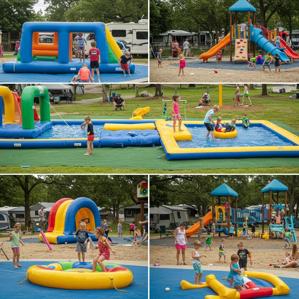 Family-friendly campground amenities including water play areas and a playground for children