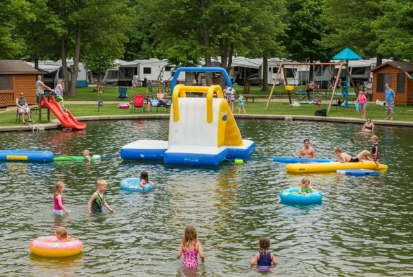 Family-friendly campground in Michigan with children playing and families enjoying outdoor activities
