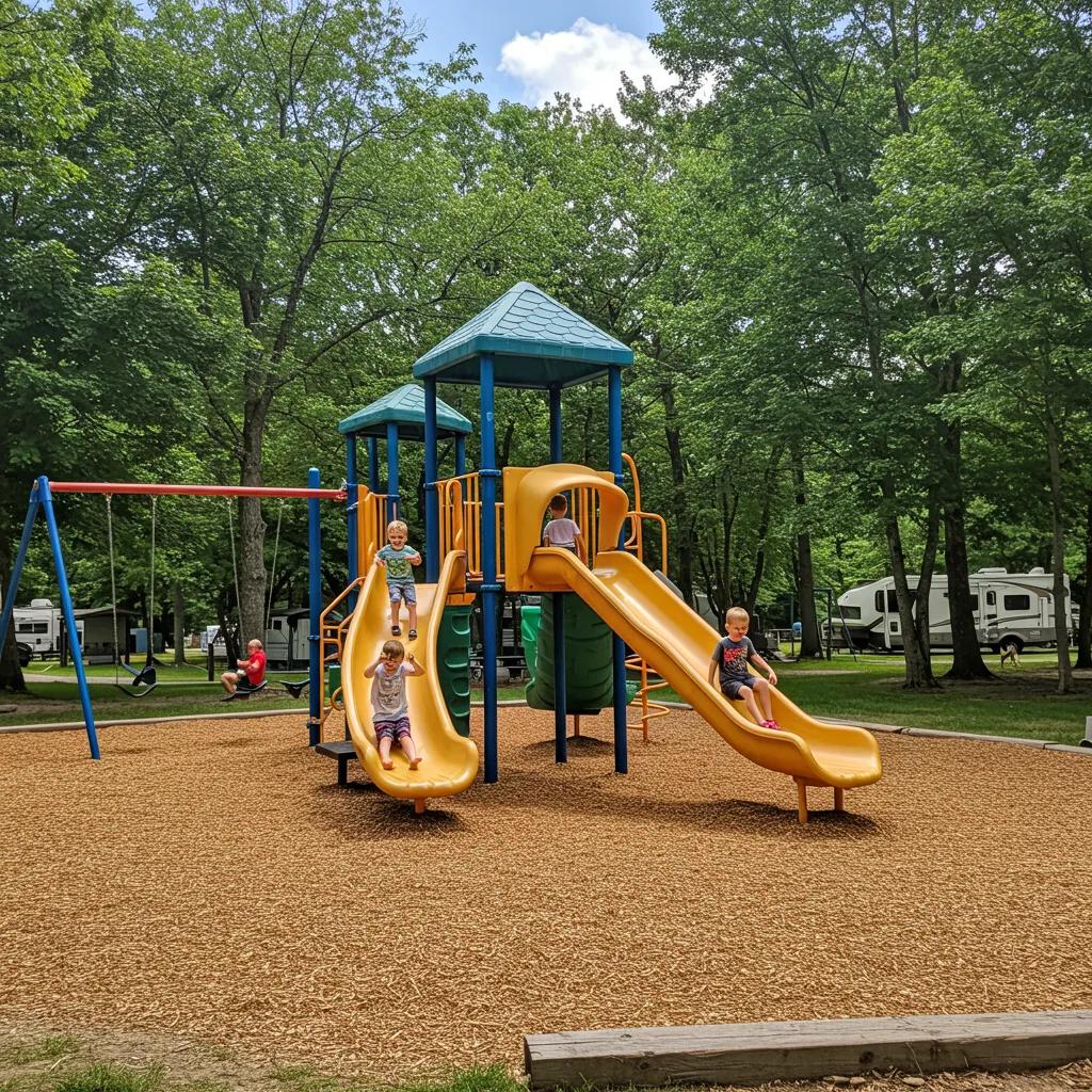 Family-friendly campground in Michigan with children playing on a colorful playground