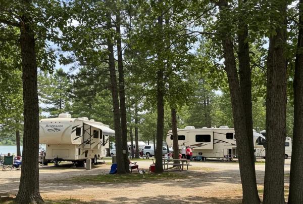 Family-friendly campground near Interstate 80 with RVs and tents, showcasing outdoor activities and amenities