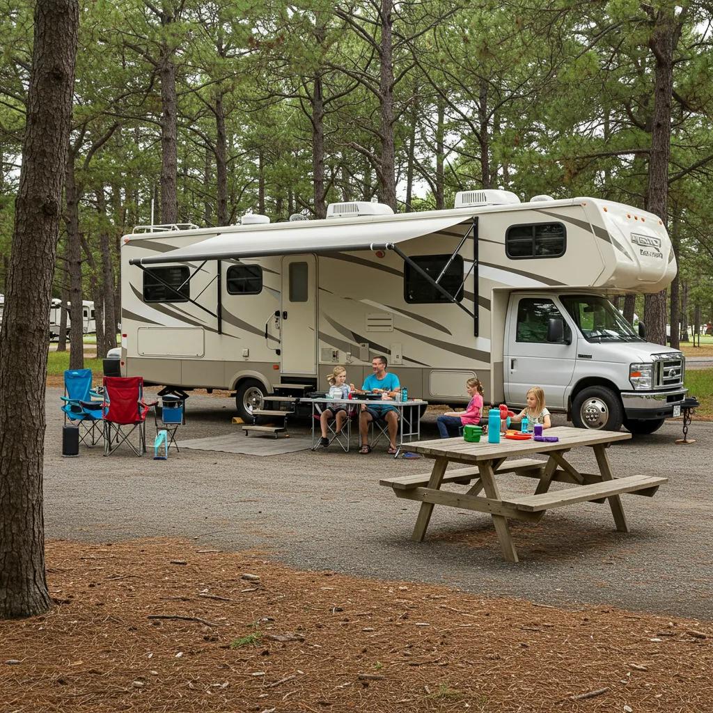Family gathered around a picnic table at an RV campsite, showcasing the convenience and value of RV camping for families