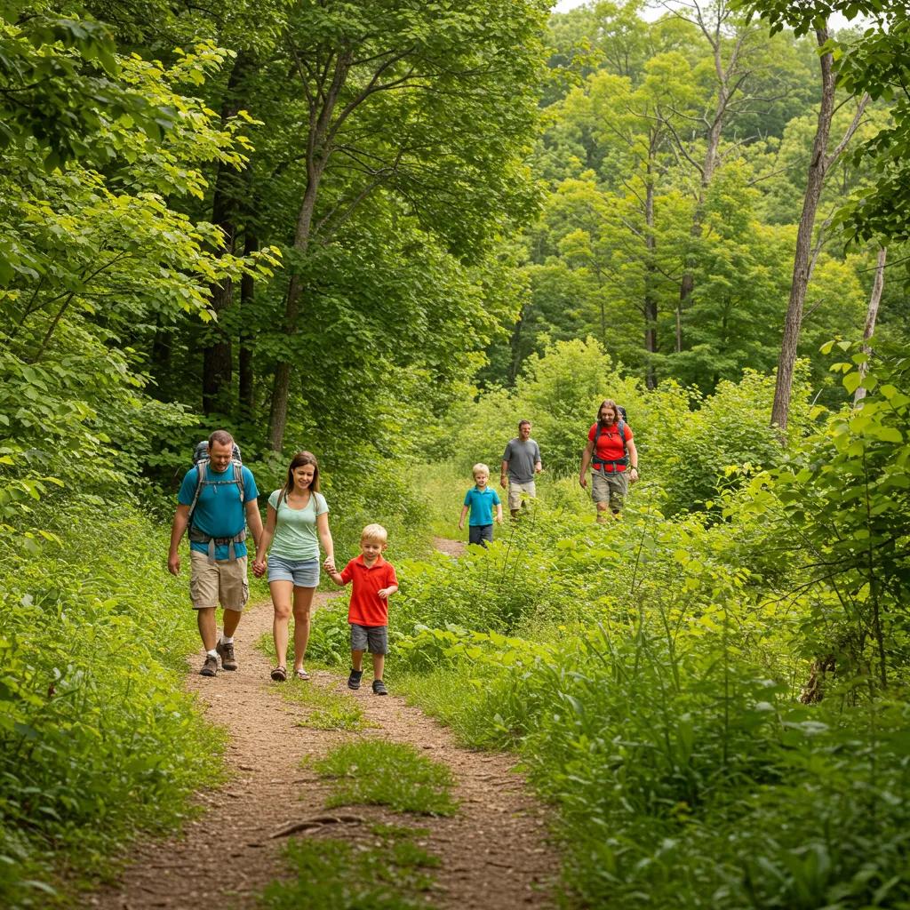 Family hiking in Michigan campgrounds, showcasing outdoor adventure and family bonding