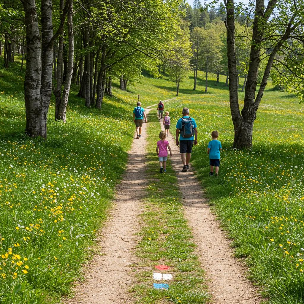 Family hiking on a gentle trail at Camp Dearborn, showcasing accessible paths and natural beauty
