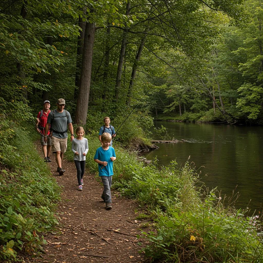 Family hiking on a scenic trail leading to a fishing spot by a river, showcasing outdoor adventure