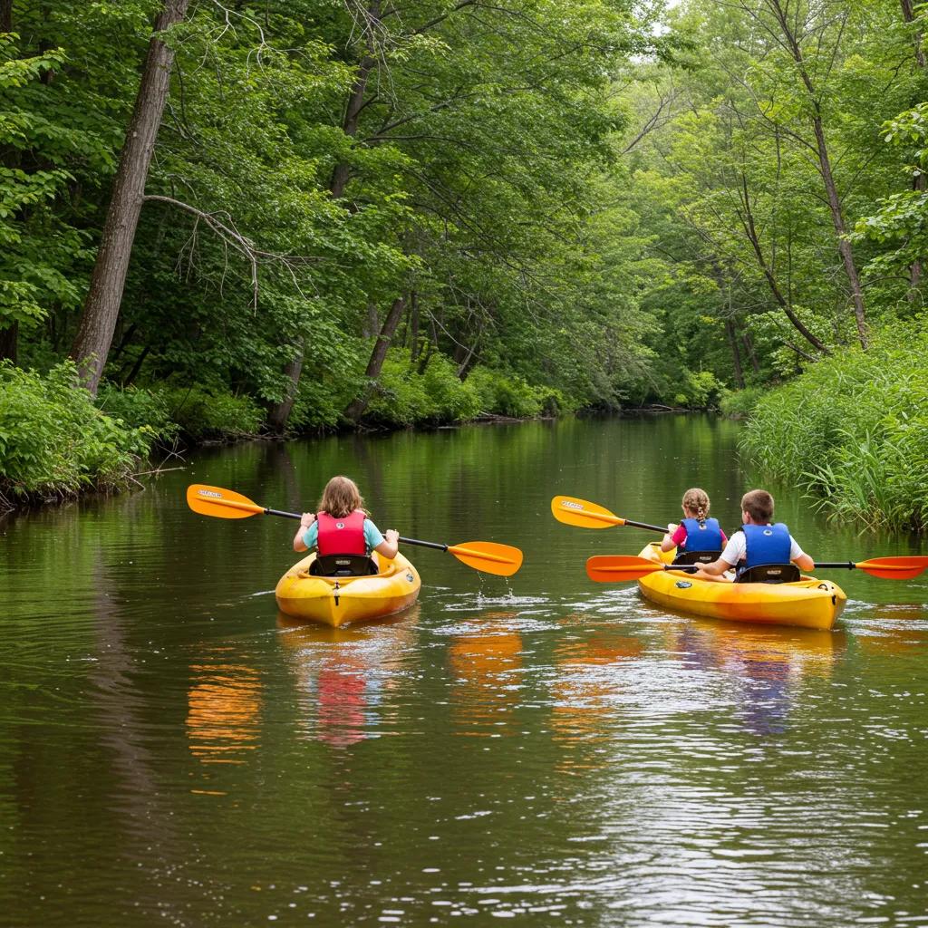 Family kayaking on the Shiawassee River in Michigan, enjoying a river adventure