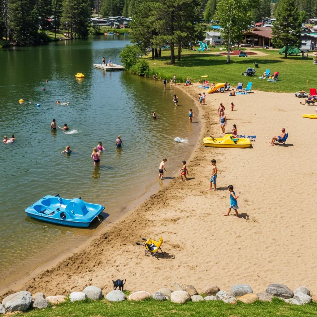 Family-oriented Ridge Ranch Campground with a sandy beach, lake activities, and children playing