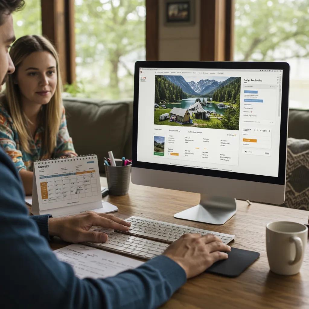 Family planning a camping trip at home, focusing on online booking options and campground amenities, illustrating the planning process