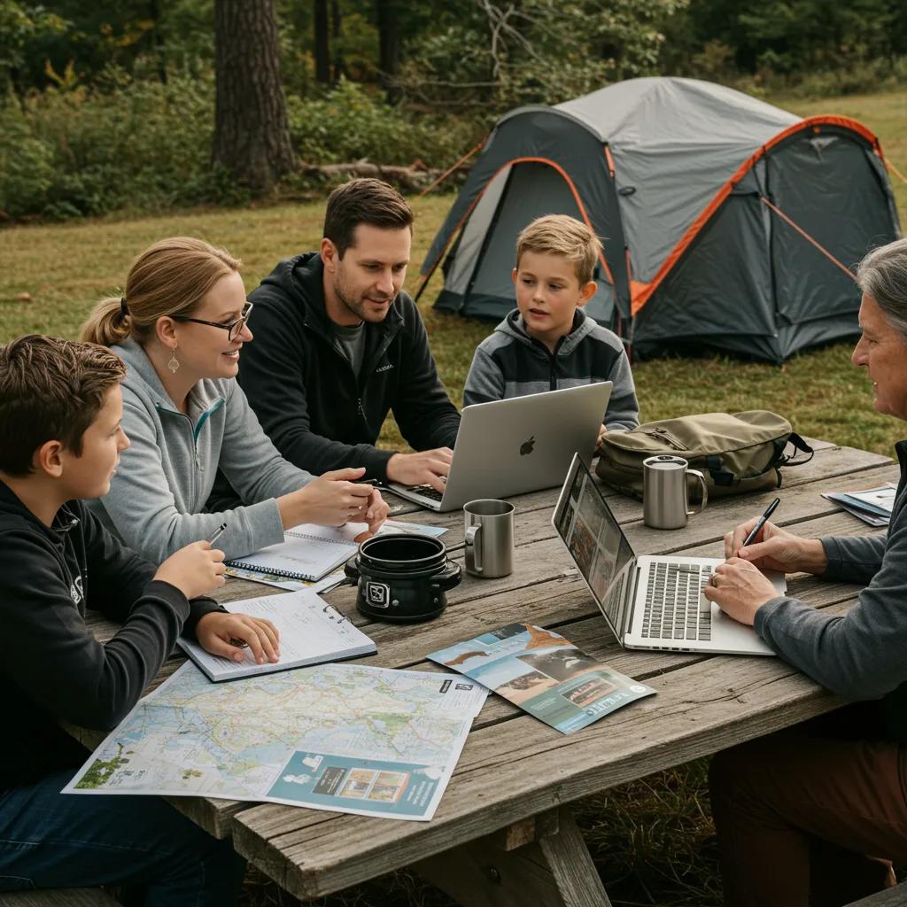 Family planning camping trip with laptop and brochures on a picnic table
