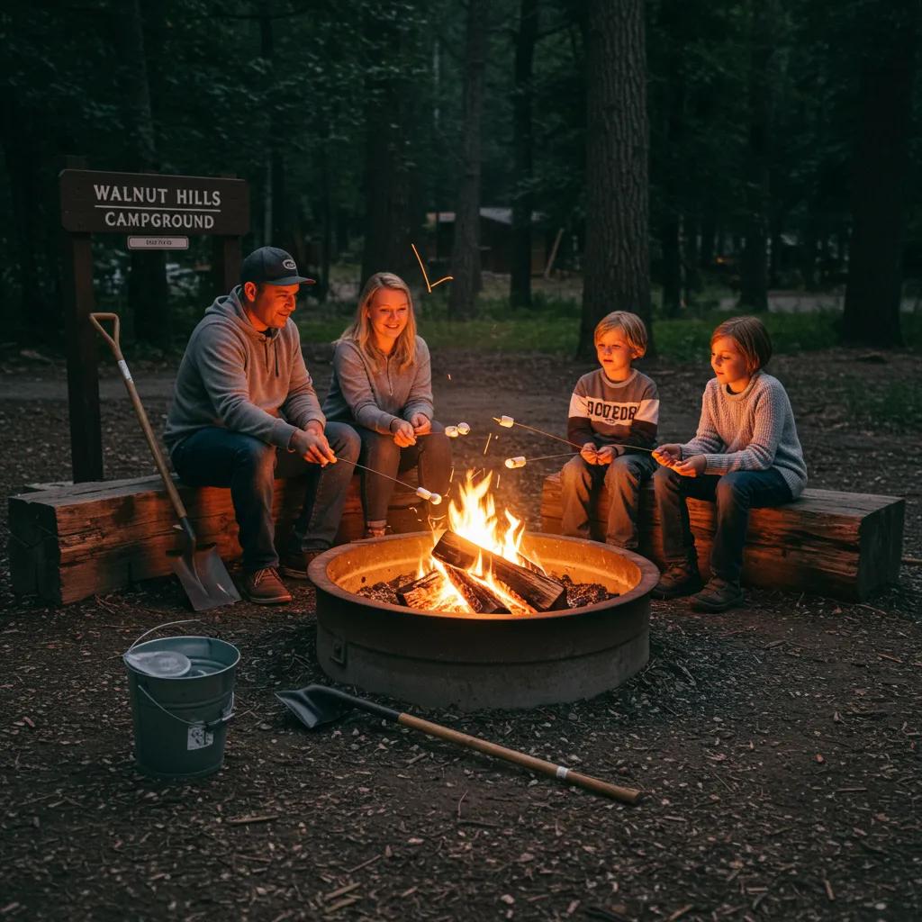 Family practicing campfire safety measures at Walnut Hills Campground