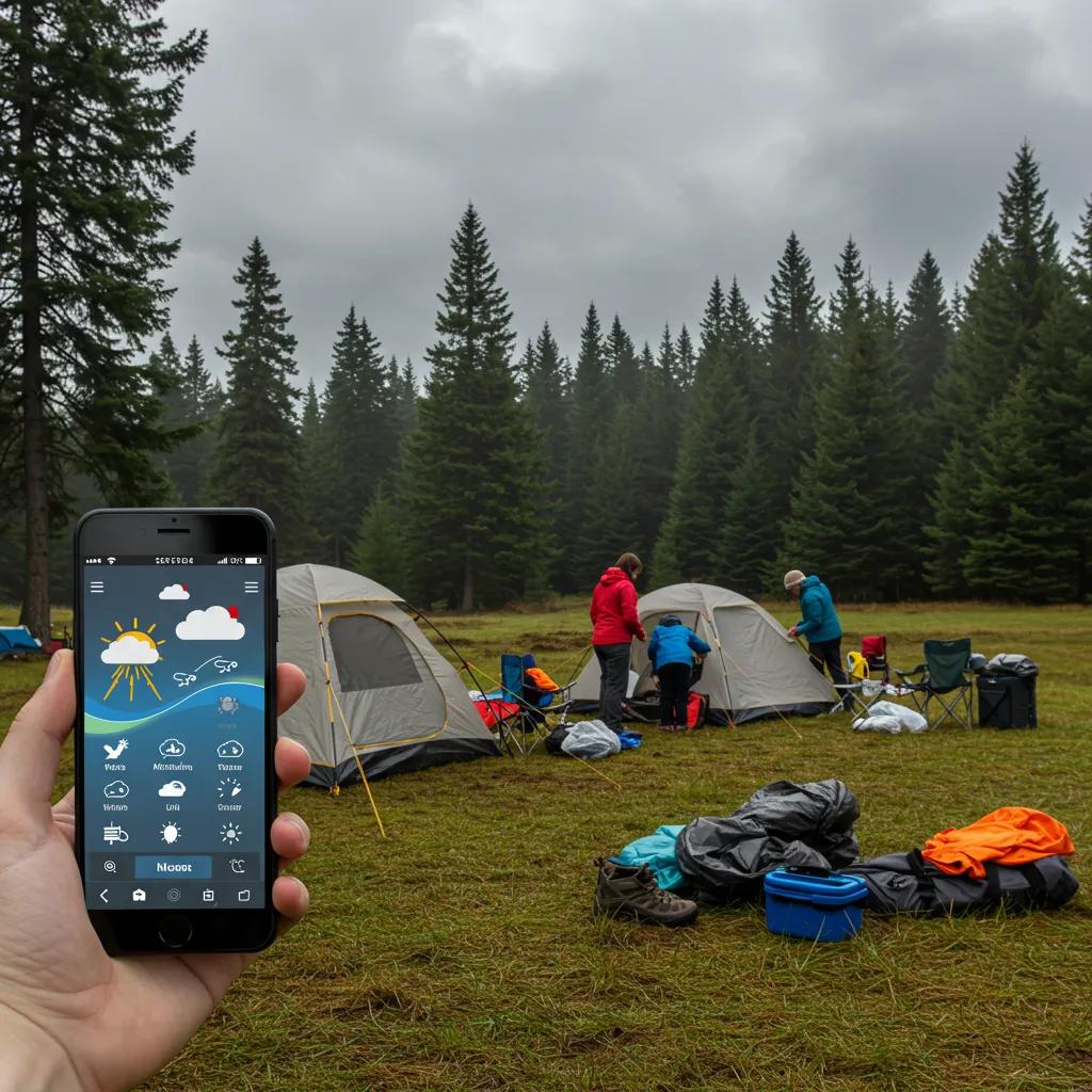 Family preparing for camping in overcast weather with gear and a weather forecast