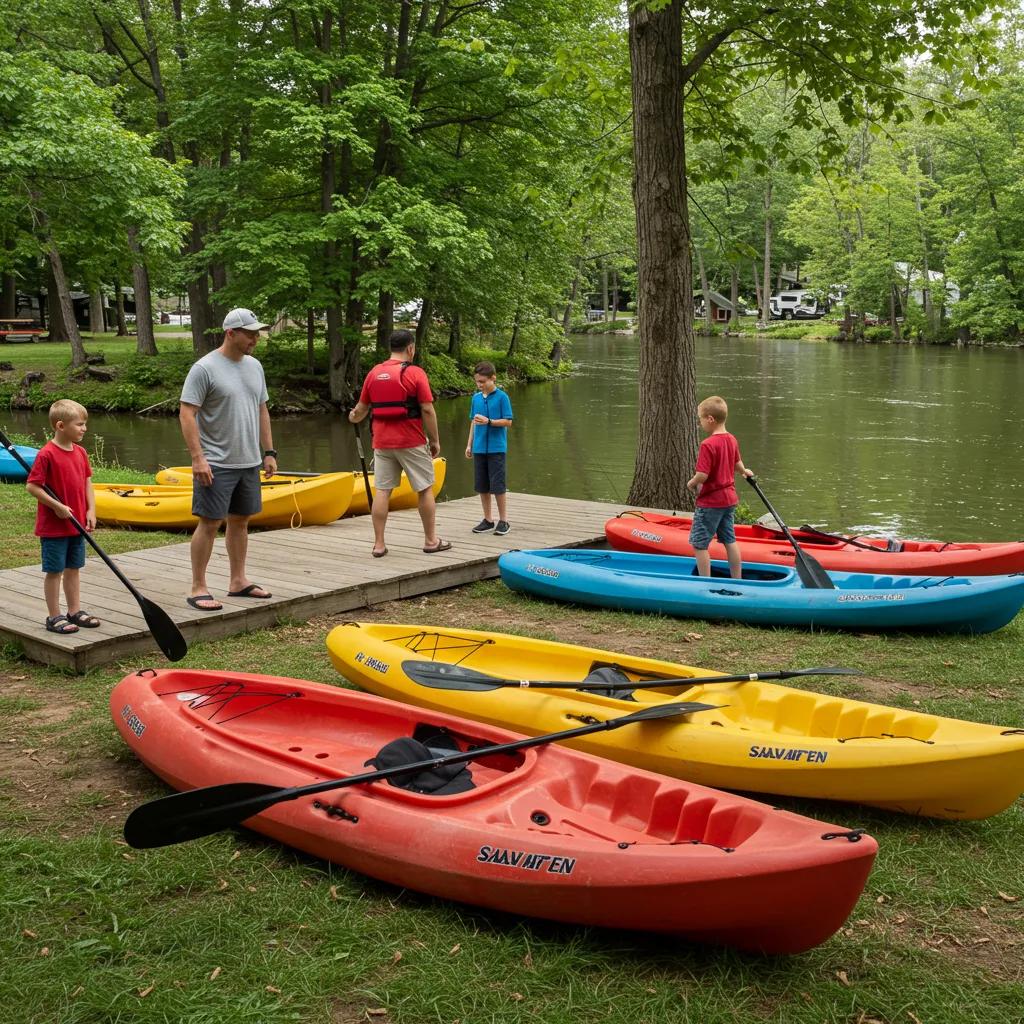 Family renting kayaks at a campground by the Shiawassee River