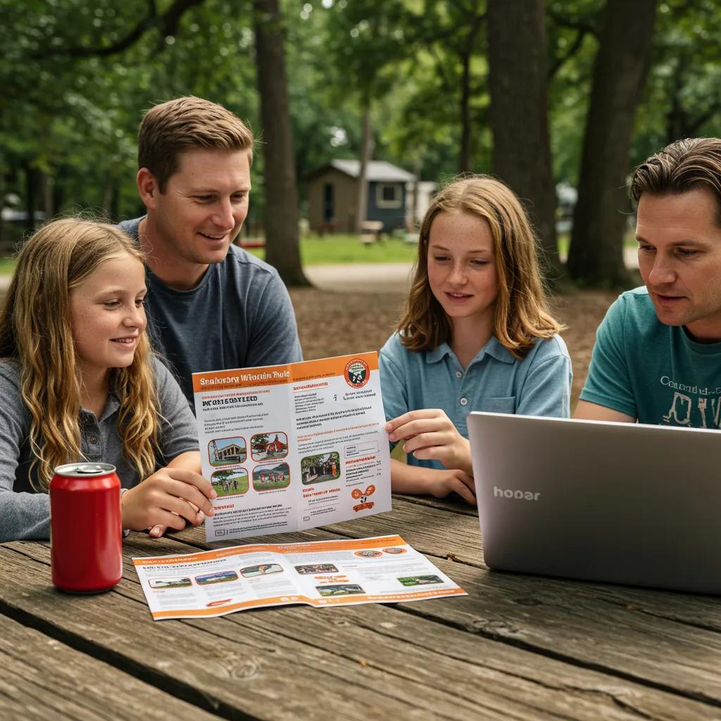Family reviewing campground rules and policies at a picnic table