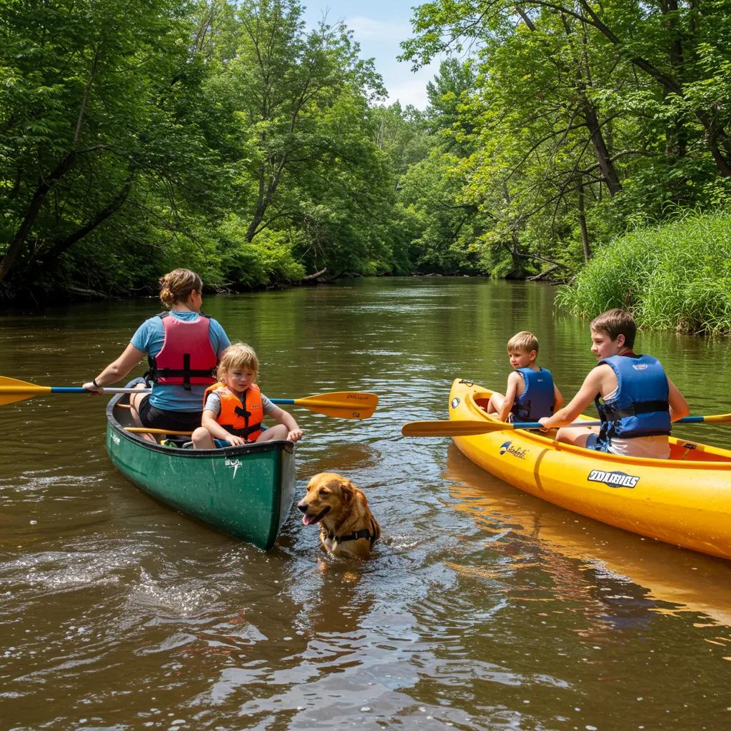 Family river float trip with a dog, highlighting pet-friendly outdoor activities in Michigan
