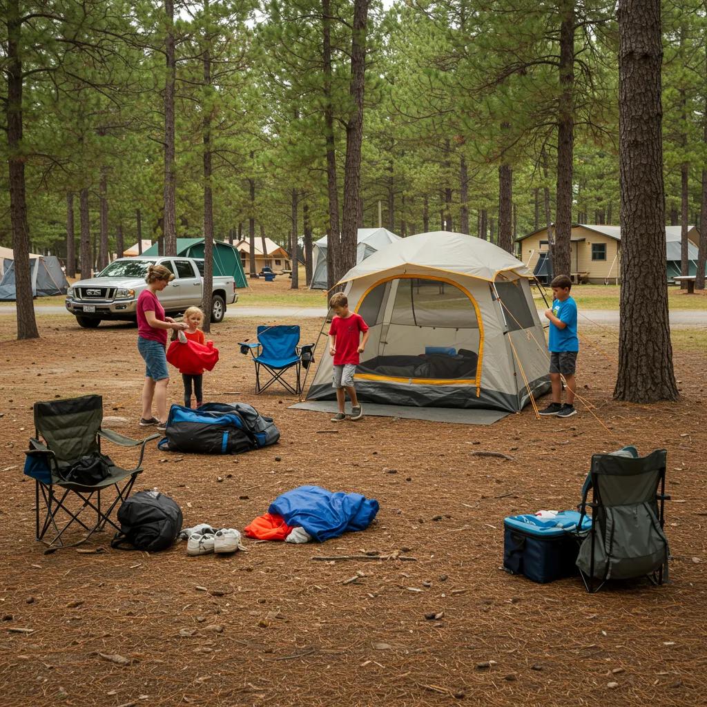 Family setting up a campsite at Camp Dearborn with tents and camping gear