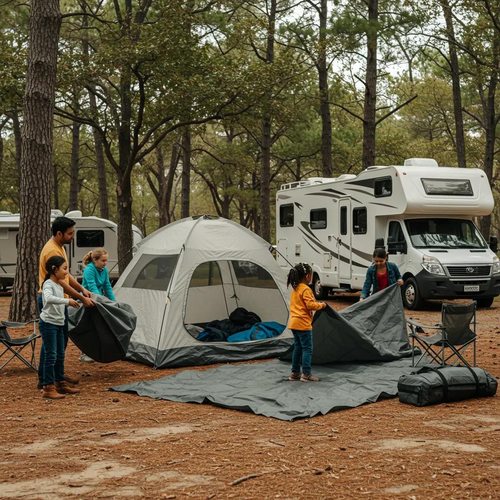 Family setting up a campsite with a tent and RV, showcasing teamwork and outdoor activity