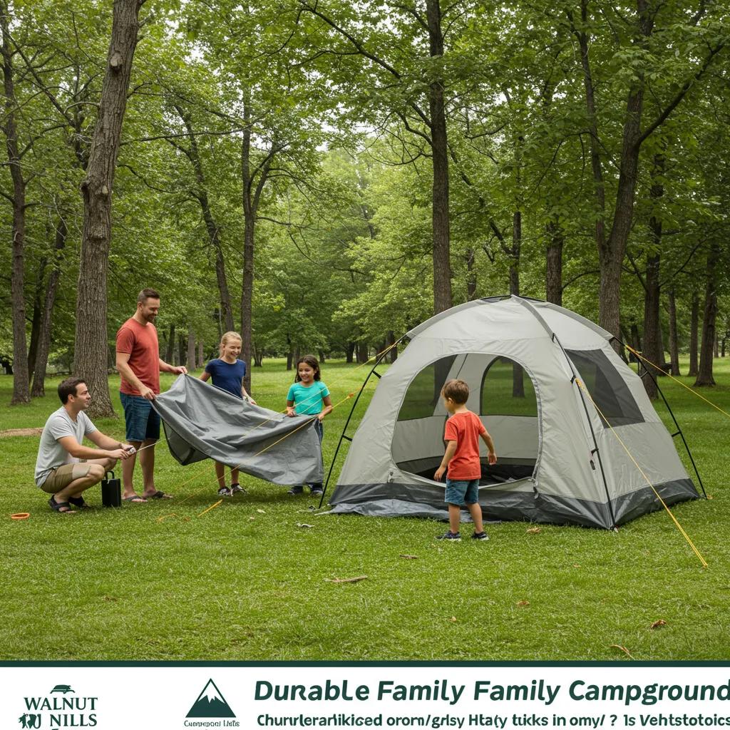 Family setting up a durable tent at Walnut Hills Family Campground, showcasing outdoor camping experience