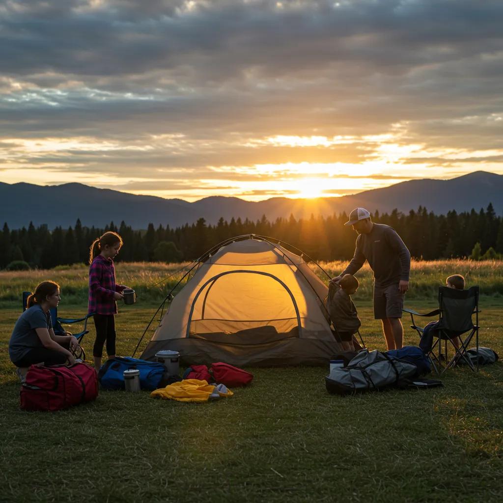 A family setting up a tent at a campground during a beautiful sunset, highlighting the flexibility of nightly camping