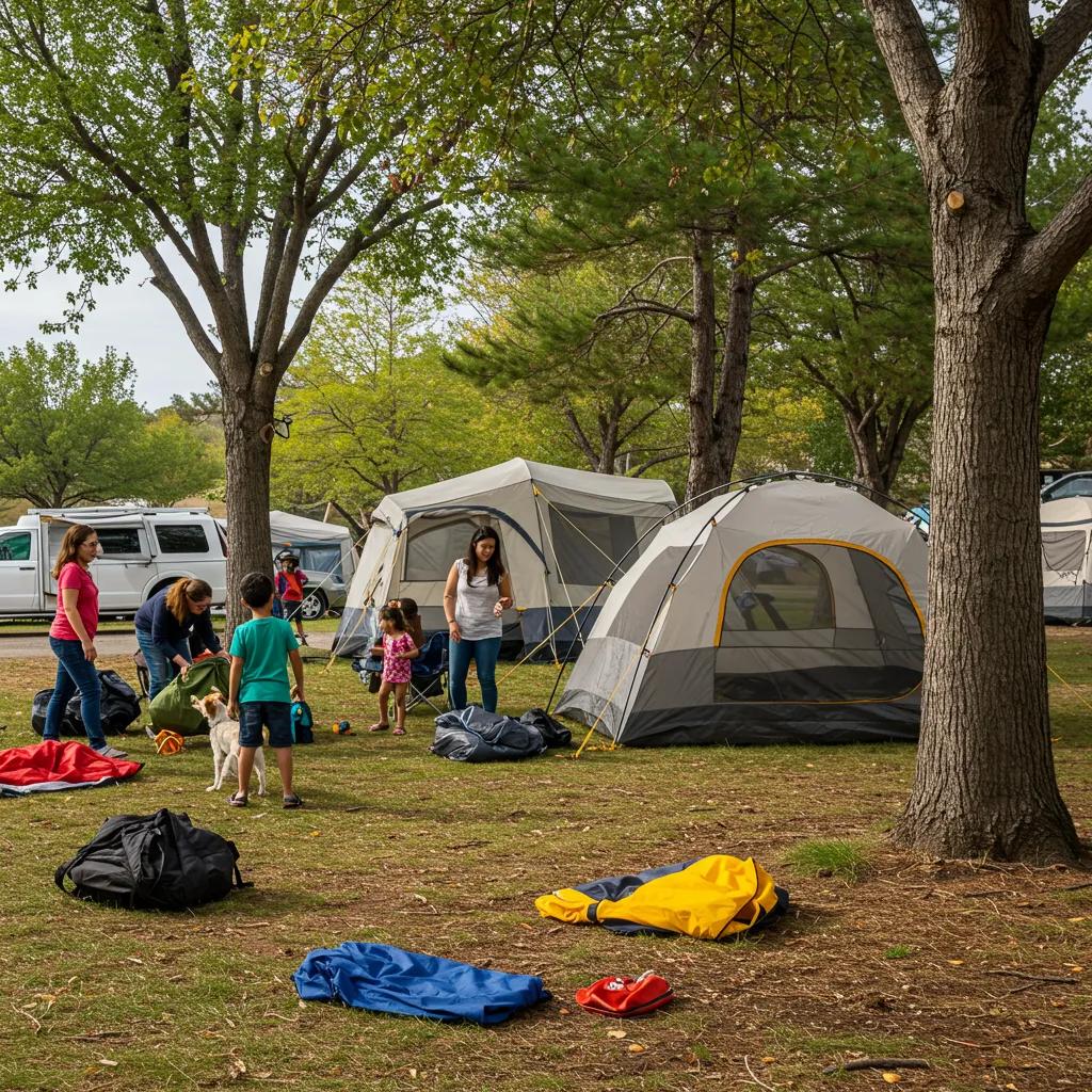 Family setting up a tent at a campground, showcasing a joyful camping experience