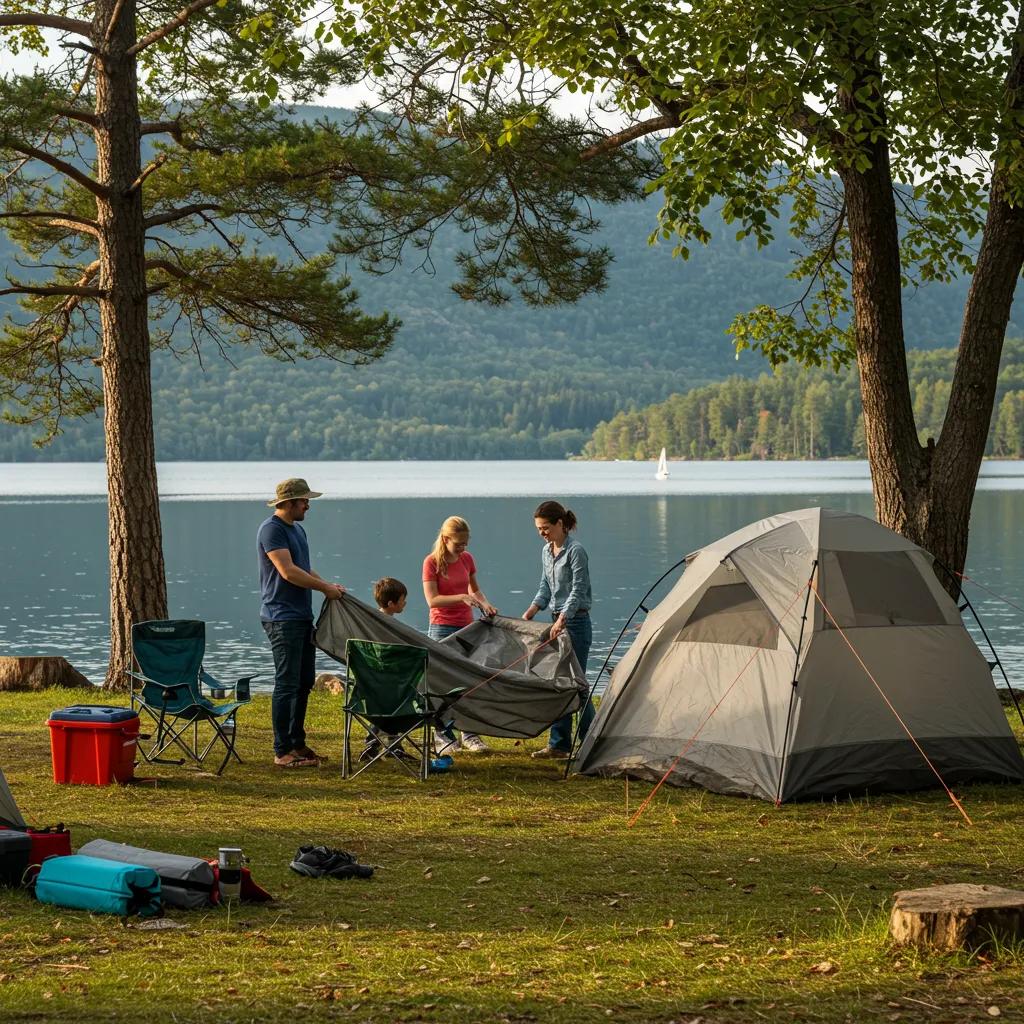 A family setting up a tent at a standard camping site, highlighting the flexibility and adventure of transient camping