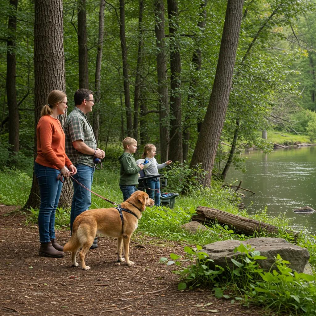 Family with a leashed dog at a campsite, observing wildlife safely and responsibly