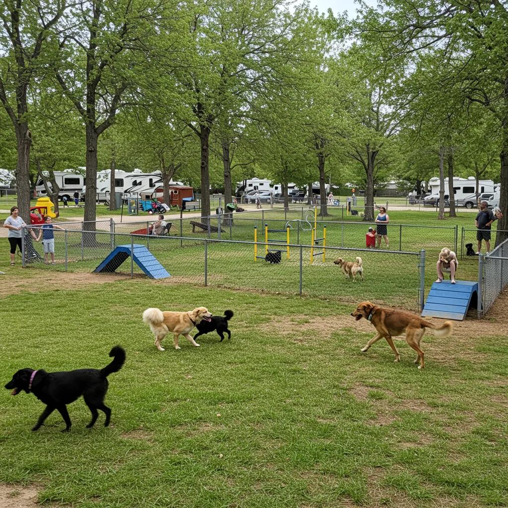 A fenced dog park at a Michigan campground where dogs are happily playing