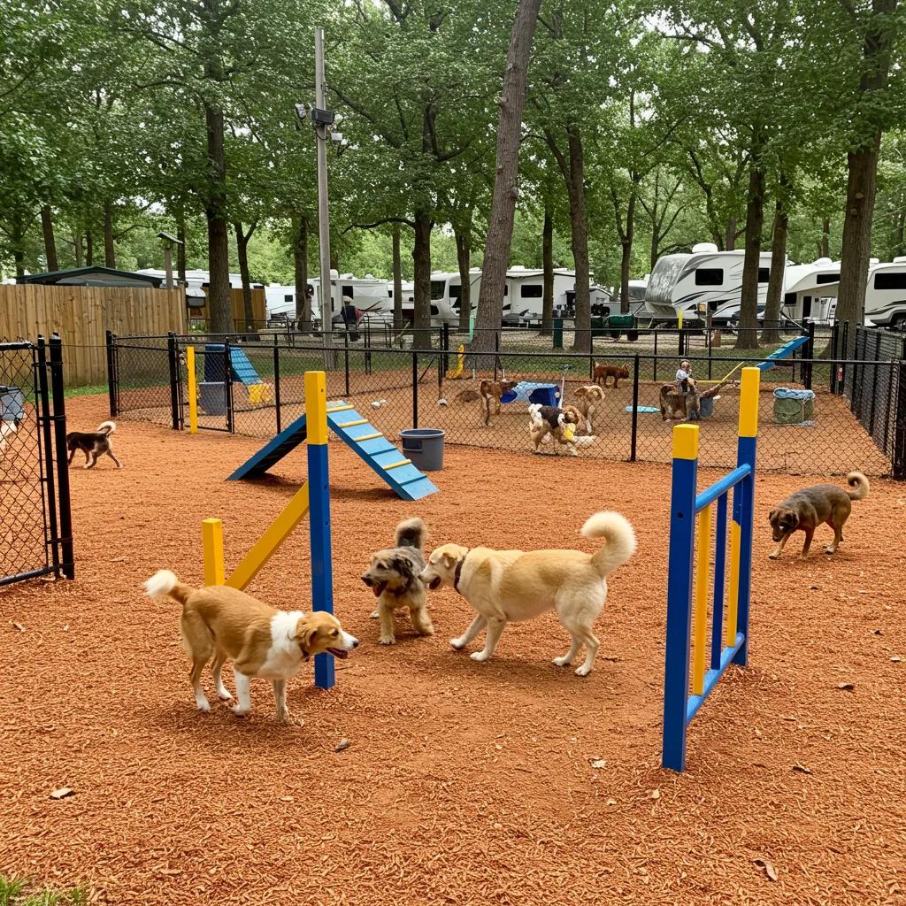 Fenced dog park in a campground with dogs playing and agility equipment