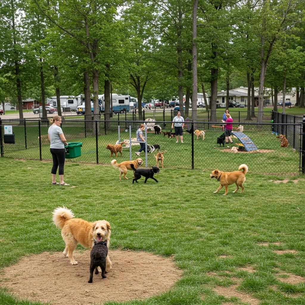 Fenced dog park with dogs playing and pet-friendly amenities at a Michigan campground