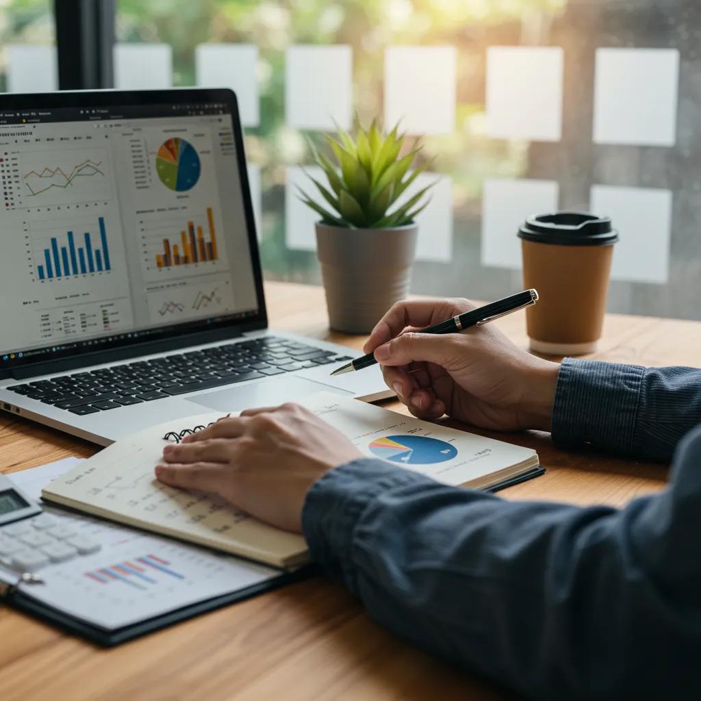 Financial professional analyzing RV park valuation data with a laptop and notepad