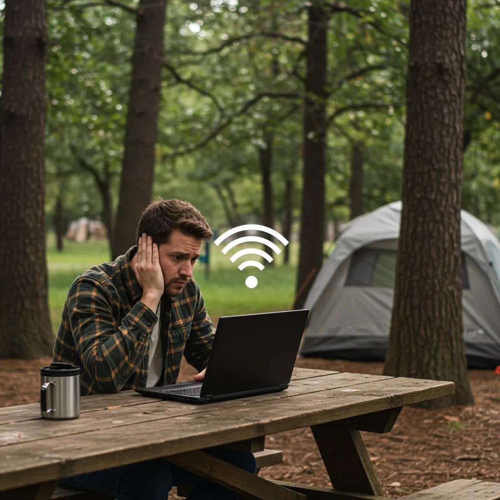 Frustrated camper at a picnic table experiencing Wi-Fi challenges in a campground