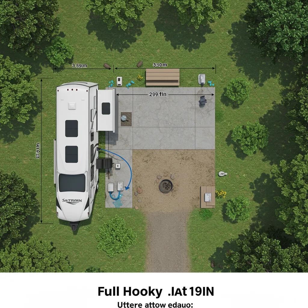Full hookup RV site with visible dimensions and amenities