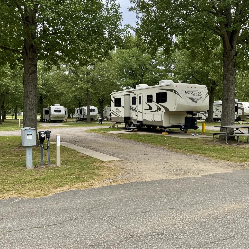 Full hookup RV site with visible utilities and a family-friendly environment