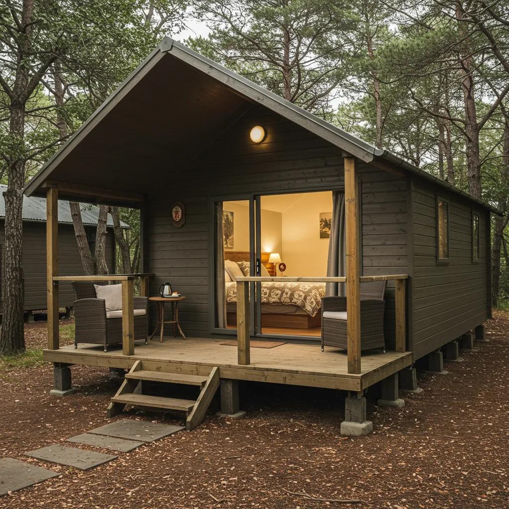 Glamping cabin in a natural setting, showcasing comfort and style