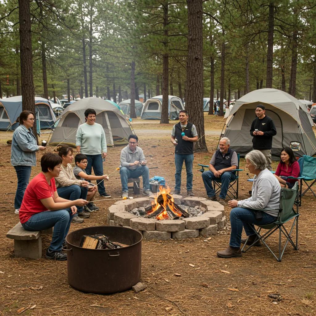Group camping adventure with families around a campfire in a scenic campground