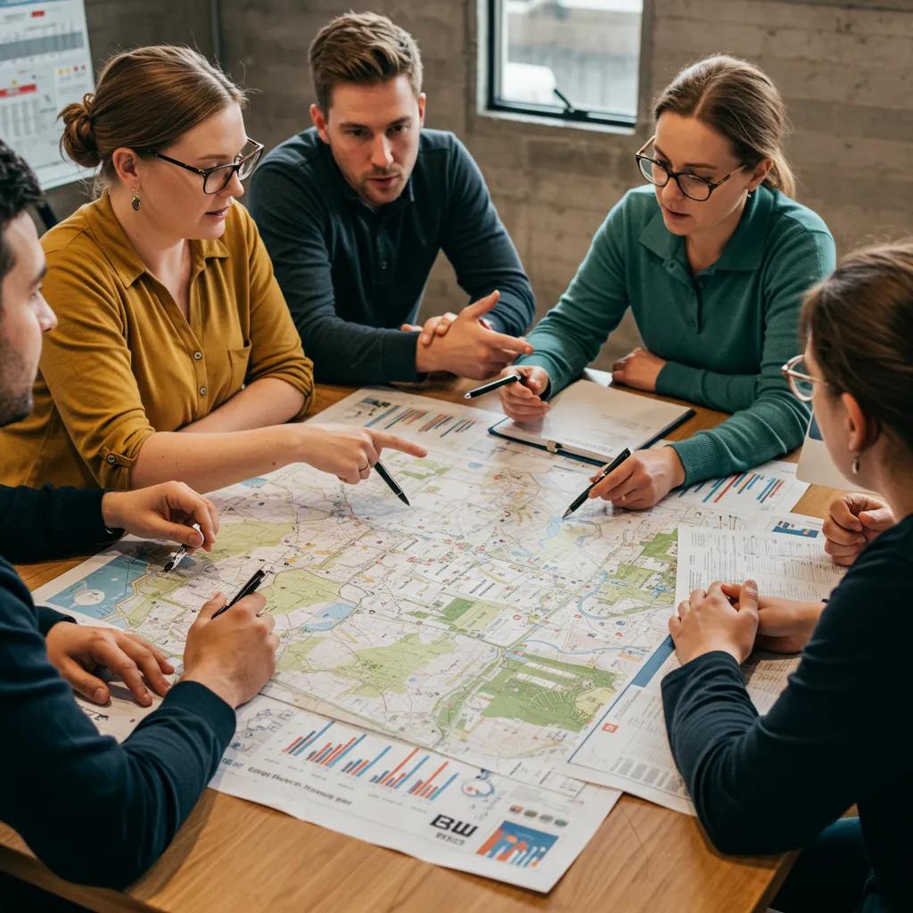 Group of buyers discussing campground sales with a map, highlighting market conditions