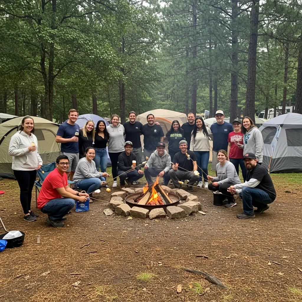 Group of friends enjoying a campfire at a campground, highlighting the dynamics of group reservation policies