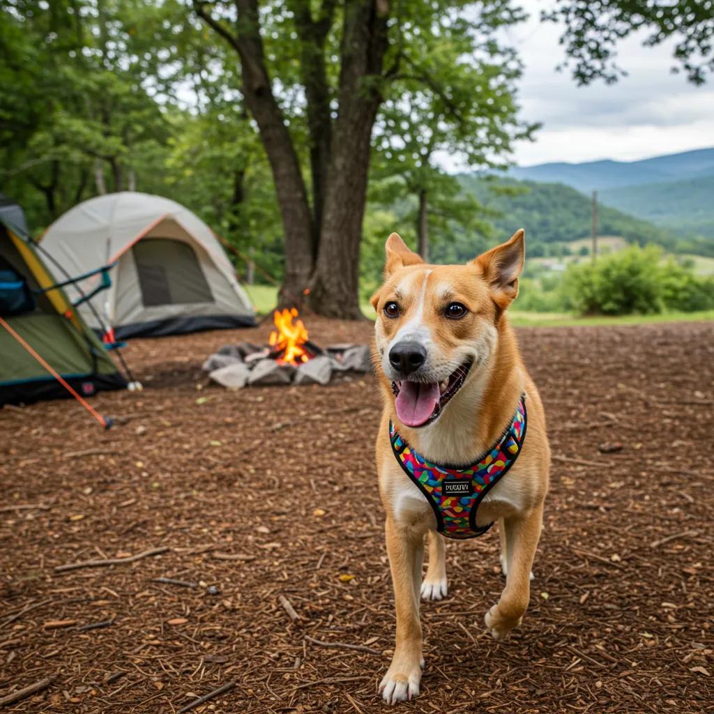 Happy dog exploring a campsite, embodying pet safety and outdoor adventure