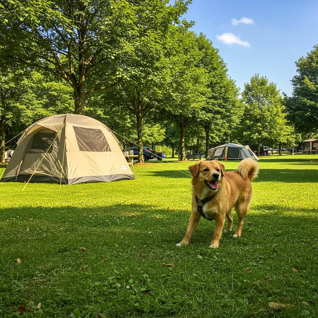 Happy dog playing in a dog-friendly campground with a tent and trees